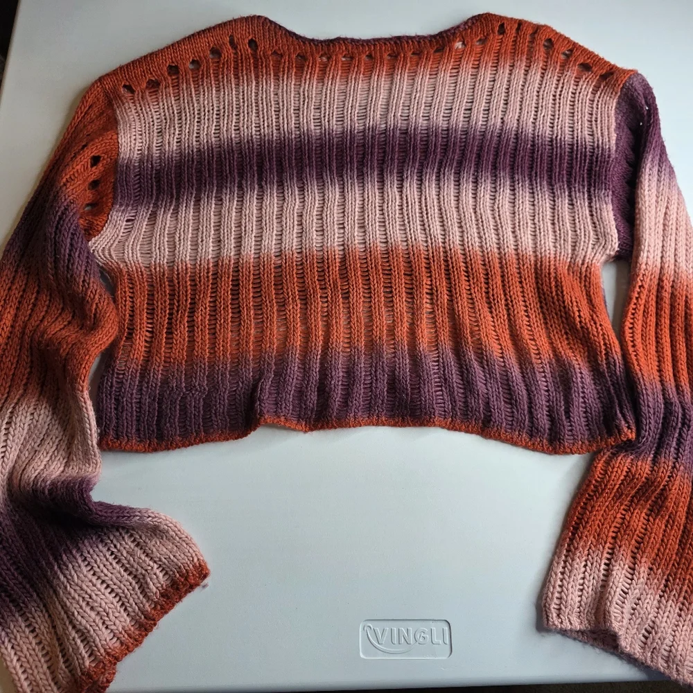 Arizona XL Loopy Knit Crop Sweater Bell Sleeves Fuzzy Stripes Cozy 2976-ac